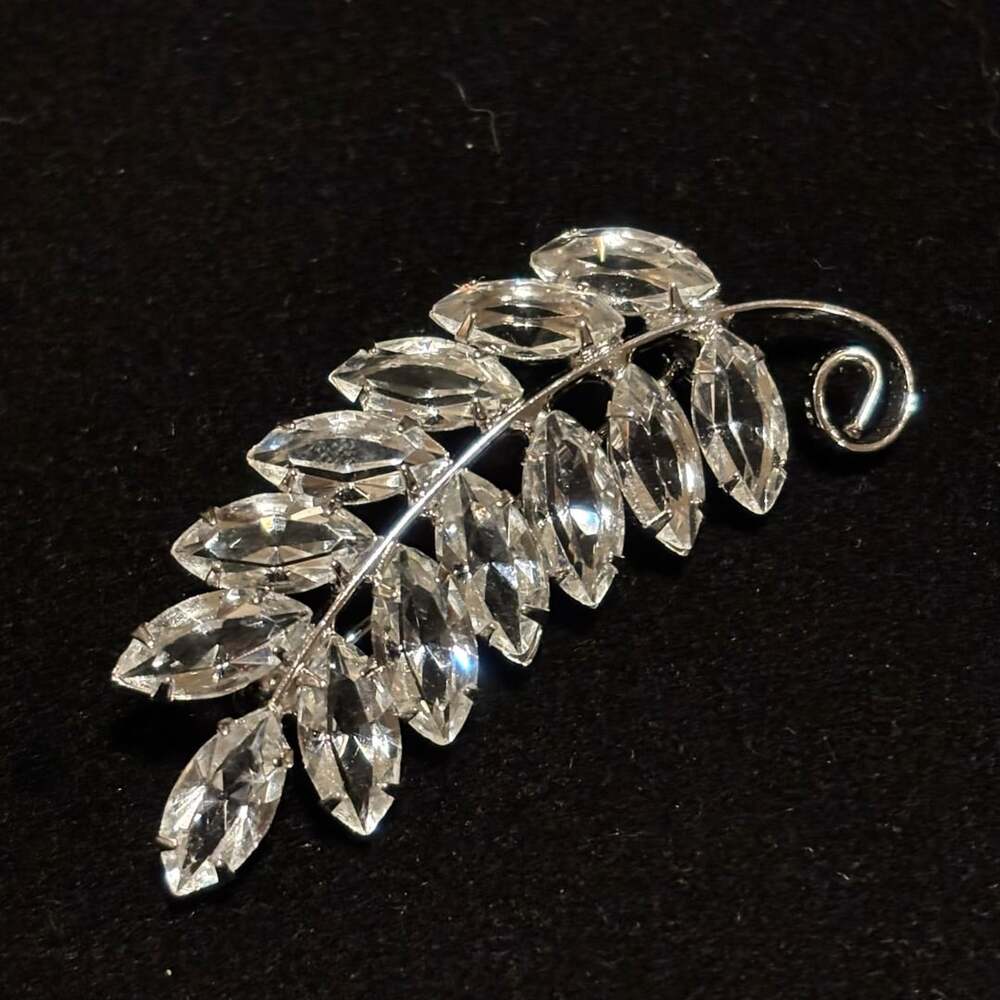 Vintage Crystal Rhinestone Leaf Brooch Pin Silver Tone